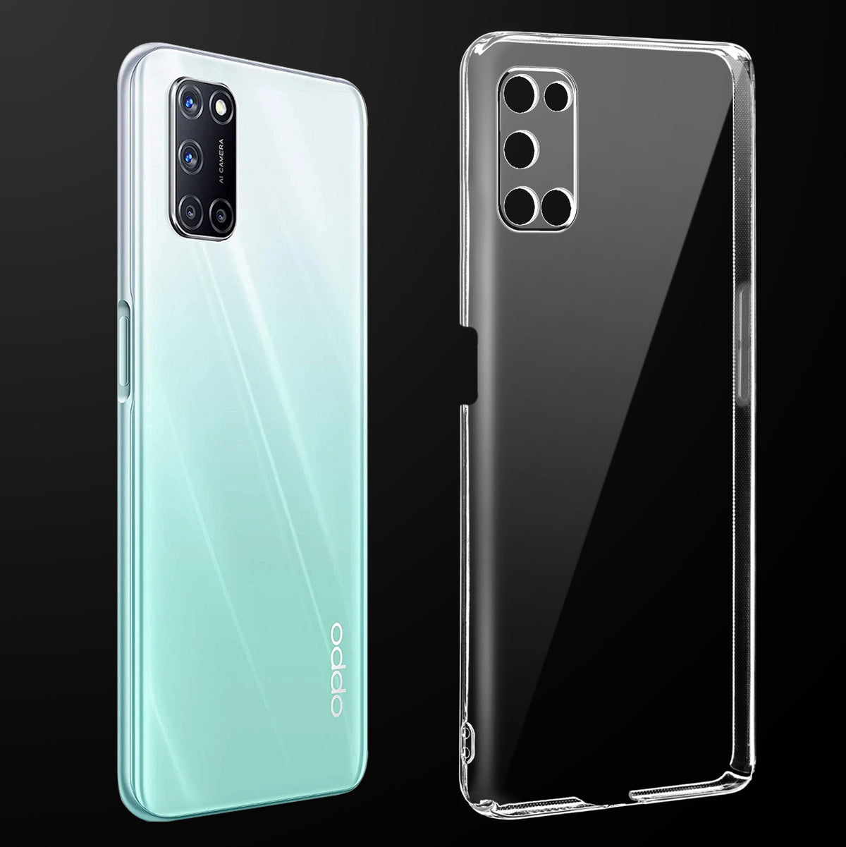 Transparent anti-yellow hard back case fitted on Oppo A52 showing full back coverage and camera protection