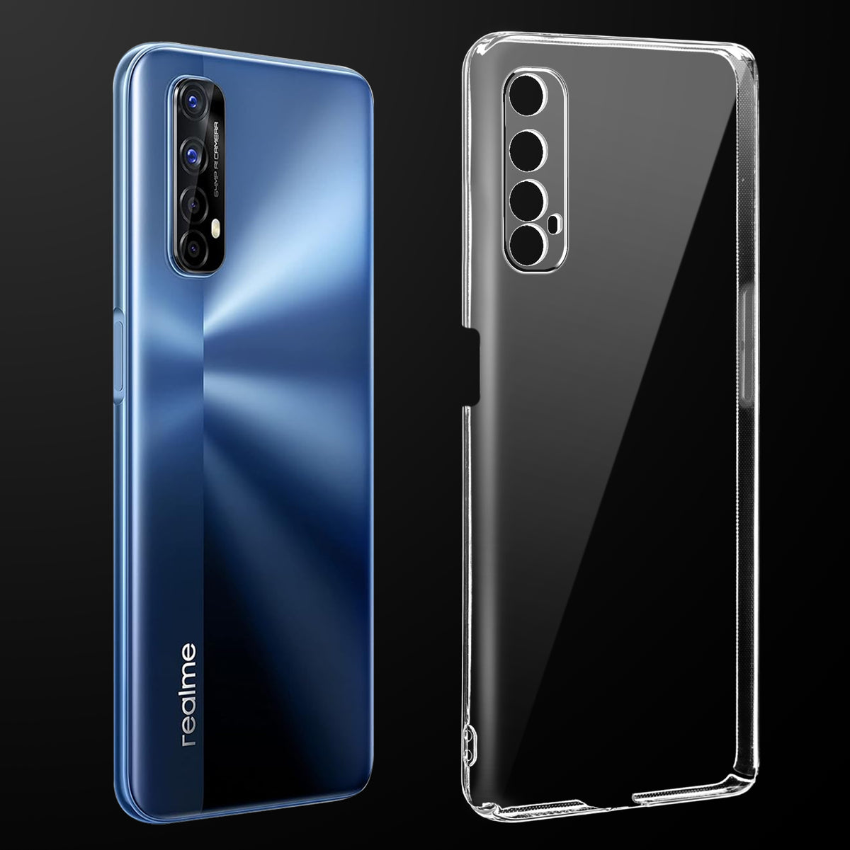 Transparent anti-yellow hard back case fitted on Realme 7 showing full back coverage and camera protection