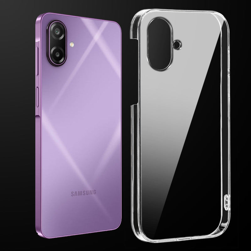 Transparent anti-yellow hard back case fitted on Samsung M17e 5G showing full back coverage and camera protection