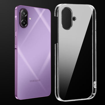 Transparent anti-yellow hard back case fitted on Samsung M17e 5G showing full back coverage and camera protection