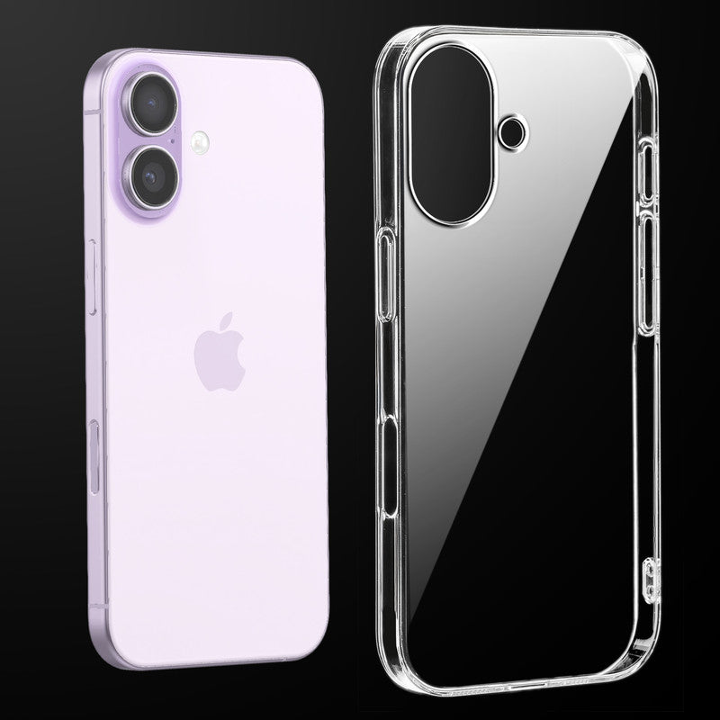 Transparent anti-yellow hard back case fitted on Apple iPhone 17 showing full back coverage and camera protection
