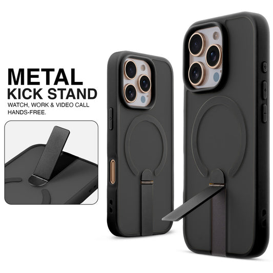 Magnetic Frosted Back Case for Apple iPhone 15 Pro with Metal Kickstand & Silicone Frame