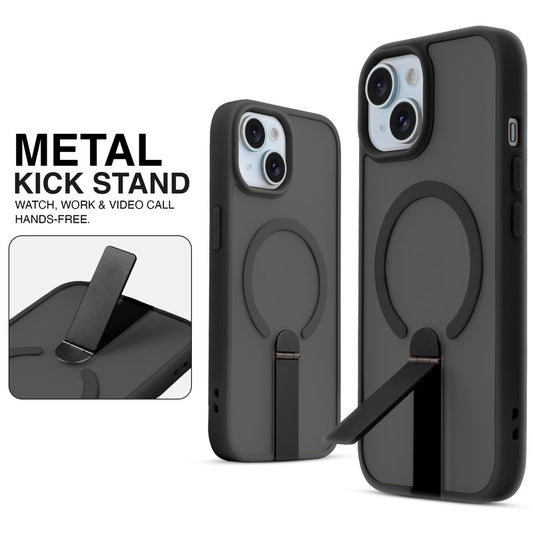 Magnetic Frosted Back Case for Apple iPhone 15 with Metal Kickstand & Silicone Frame