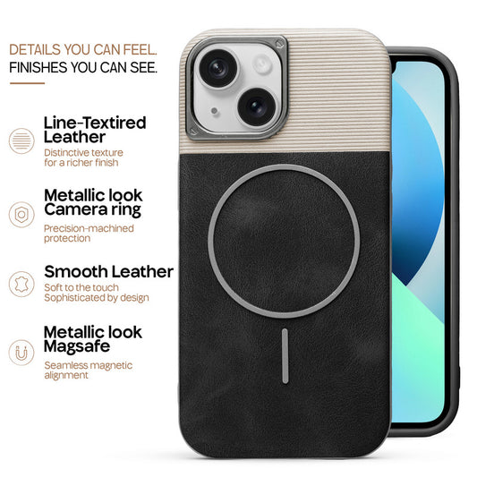 Premium Leather Wireless Charging Support Cover for Apple iPhone 13 with Metal Camera Frame & Soft Microfiber Interior