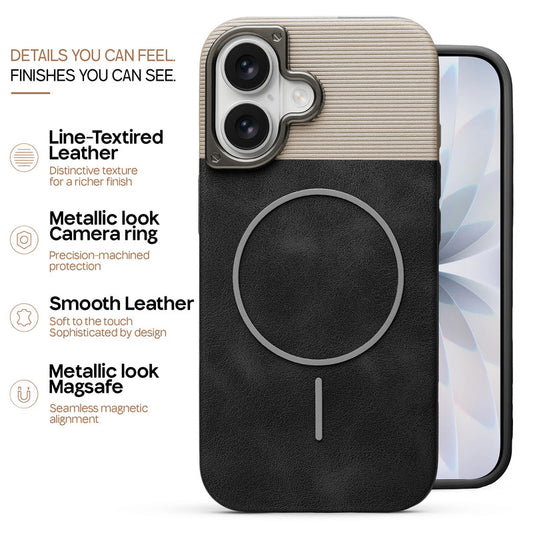 Premium Leather Wireless Charging Support Cover for Apple iPhone 17 with Metal Camera Frame & Soft Microfiber Interior