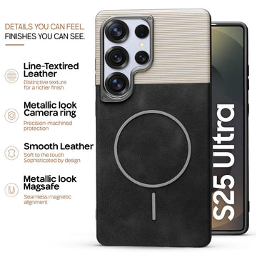 Premium Leather Wireless Charging Support Cover for Samsung S25 Ultra 5G with Metal Camera Frame & Soft Microfiber Interior