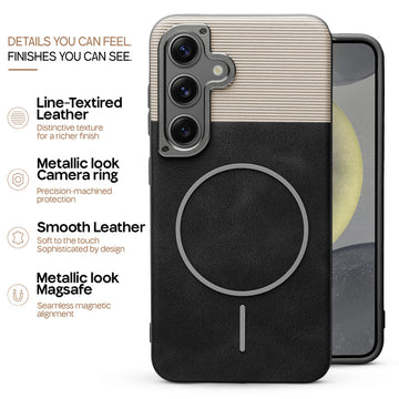 Premium Leather Wireless Charging Support Cover for Samsung S24 5G with Metal Camera Frame & Soft Microfiber Interior