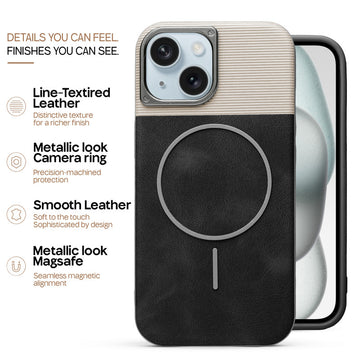 Premium Leather Wireless Charging Support Cover for Apple iPhone 15 with Metal Camera Frame & Soft Microfiber Interior
