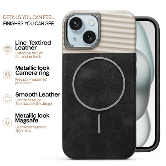 Premium Leather Wireless Charging Support Cover for Apple iPhone 15 with Metal Camera Frame & Soft Microfiber Interior