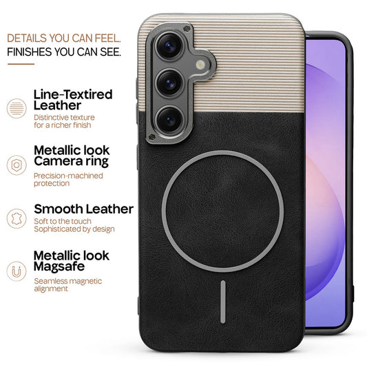 Premium Leather Wireless Charging Support Cover for Samsung S26 5G with Metal Camera Frame & Soft Microfiber Interior