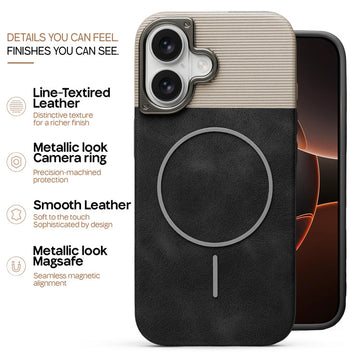Premium Leather Wireless Charging Support Cover for Apple iPhone 16 with Metal Camera Frame & Soft Microfiber Interior