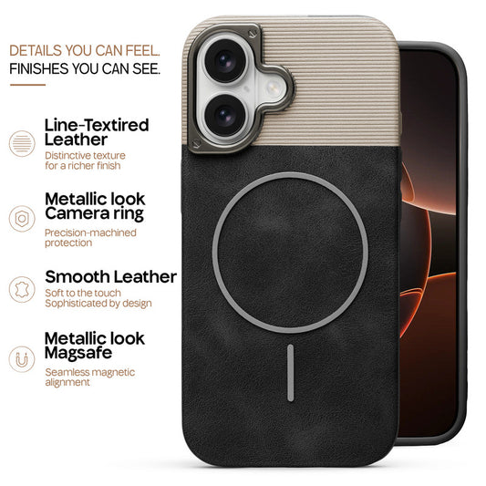 Premium Leather Wireless Charging Support Cover for Apple iPhone 16 with Metal Camera Frame & Soft Microfiber Interior