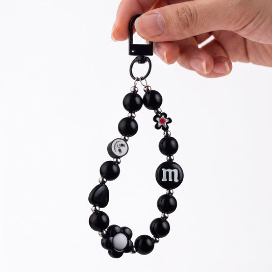M&M Beaded Phone Charm Strap with Heart & Flower Pendant Wrist Lanyard
