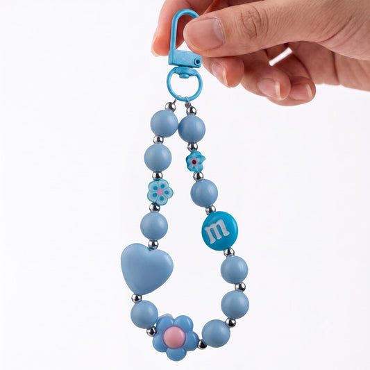M&M Beaded Phone Charm Strap with Heart & Flower Pendant Wrist Lanyard