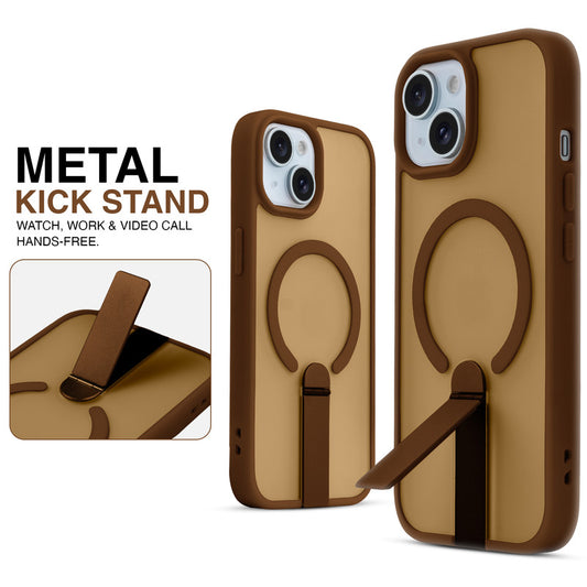 Magnetic Frosted Back Case for Apple iPhone 15 with Metal Kickstand & Silicone Frame