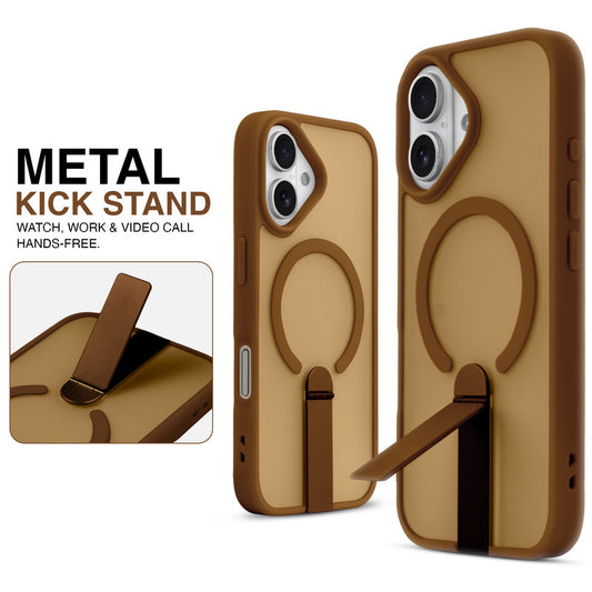 Magnetic Frosted Back Case for Apple iPhone 16 with Metal Kickstand & Silicone Frame