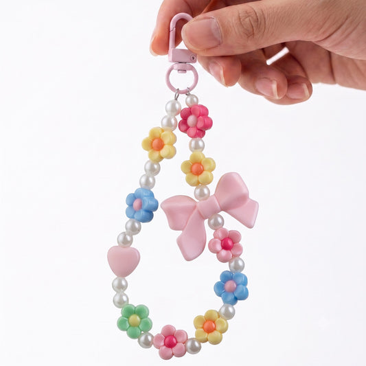 Colorful Flower & Bow Beaded Phone Charm Lanyard