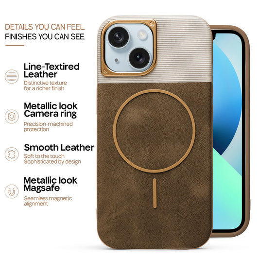 Premium Leather Wireless Charging Support Cover for Apple iPhone 15 with Metal Camera Frame & Soft Microfiber Interior
