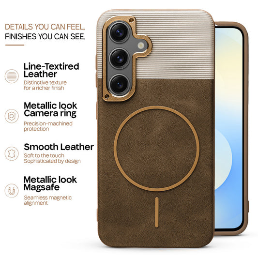 Premium Leather Wireless Charging Support Cover for Samsung S25 5G with Metal Camera Frame & Soft Microfiber Interior