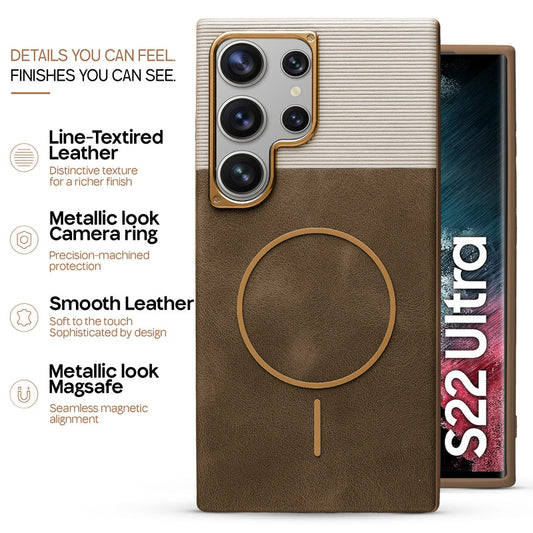 Premium Leather Wireless Charging Support Cover for Samsung S22 Ultra 5G with Metal Camera Frame & Soft Microfiber Interior