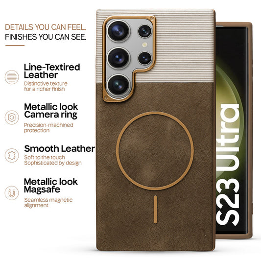 Premium Leather Wireless Charging Support Cover for Samsung S23 Ultra 5G with Metal Camera Frame & Soft Microfiber Interior