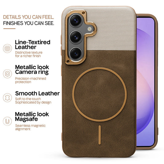 Premium Leather Wireless Charging Support Cover for Samsung S26 5G with Metal Camera Frame & Soft Microfiber Interior