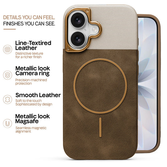 Premium Leather Wireless Charging Support Cover for Apple iPhone 17 with Metal Camera Frame & Soft Microfiber Interior