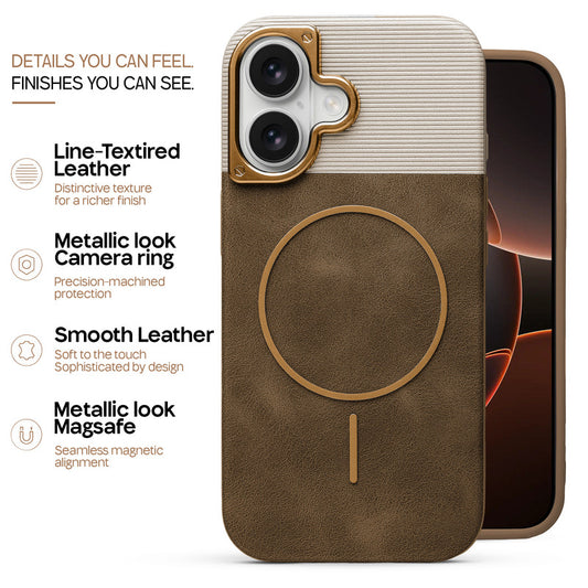 Premium Leather Wireless Charging Support Cover for Apple iPhone 16 with Metal Camera Frame & Soft Microfiber Interior