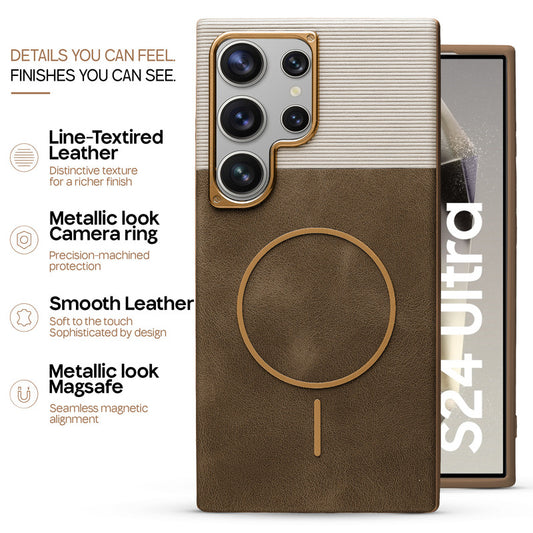 Premium Leather Wireless Charging Support Cover for Samsung S24 Ultra 5G with Metal Camera Frame & Soft Microfiber Interior