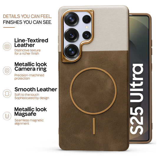 Premium Leather Wireless Charging Support Cover for Samsung S25 Ultra 5G with Metal Camera Frame & Soft Microfiber Interior