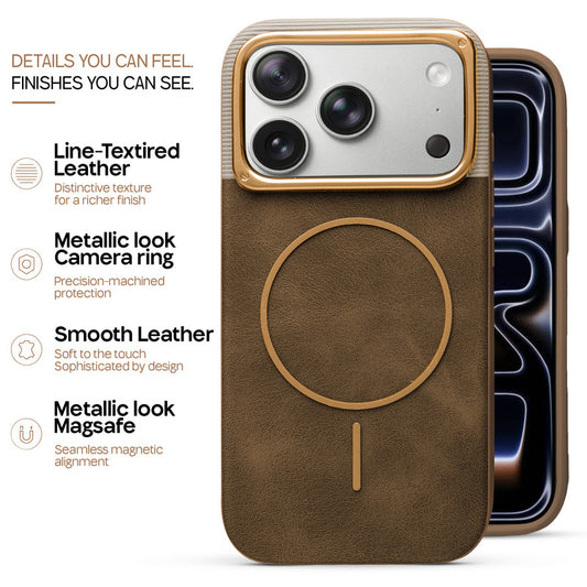 Premium Leather Wireless Charging Support Cover for Apple iphone 17 Pro with Metal Camera Frame & Soft Microfiber Interior
