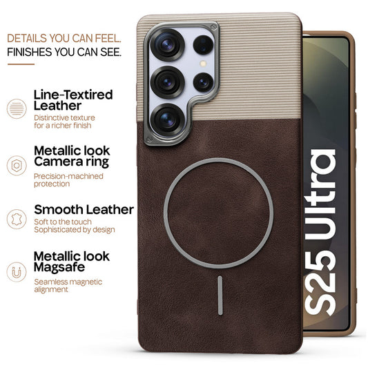 Premium Leather Wireless Charging Support Cover for Samsung S25 Ultra 5G with Metal Camera Frame & Soft Microfiber Interior
