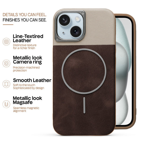 Premium Leather Wireless Charging Support Cover for Apple iPhone 15 with Metal Camera Frame & Soft Microfiber Interior