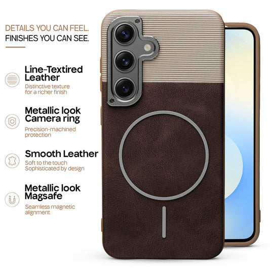 Premium Leather Wireless Charging Support Cover for Samsung S25 5G with Metal Camera Frame & Soft Microfiber Interior