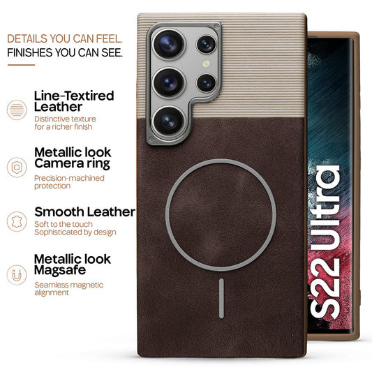 Premium Leather Wireless Charging Support Cover for Samsung S22 Ultra 5G with Metal Camera Frame & Soft Microfiber Interior
