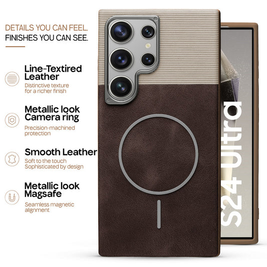 Premium Leather Wireless Charging Support Cover for Samsung S24 Ultra 5G with Metal Camera Frame & Soft Microfiber Interior