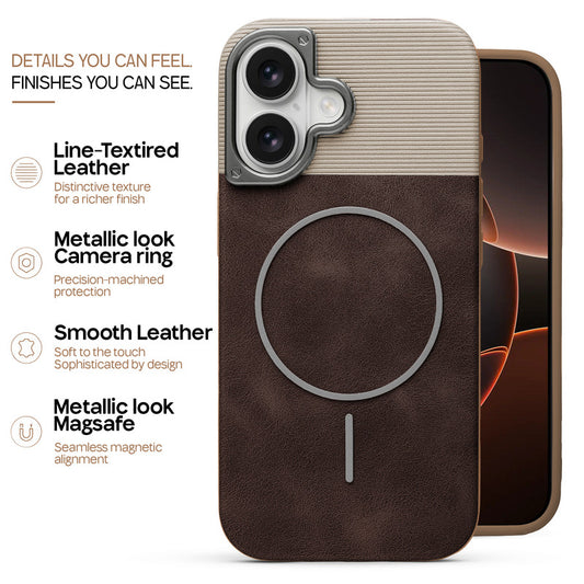 Premium Leather Wireless Charging Support Cover for Apple iPhone 16 with Metal Camera Frame & Soft Microfiber Interior