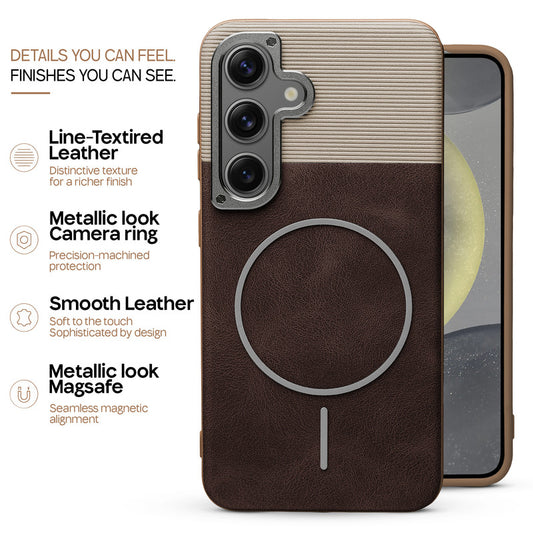Premium Leather Wireless Charging Support Cover for Samsung S24 5G with Metal Camera Frame & Soft Microfiber Interior
