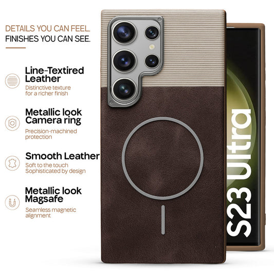 Premium Leather Wireless Charging Support Cover for Samsung S23 Ultra 5G with Metal Camera Frame & Soft Microfiber Interior