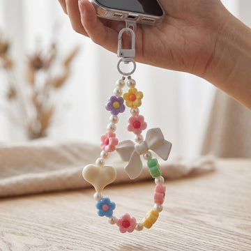 Multi Flowers Big Bow Heart Beaded Phone Charm Strap