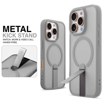 Magnetic Frosted Back Case for Apple iPhone 15 Pro with Metal Kickstand & Silicone Frame