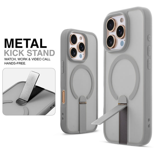 Magnetic Frosted Back Case for Apple iPhone 15 Pro with Metal Kickstand & Silicone Frame