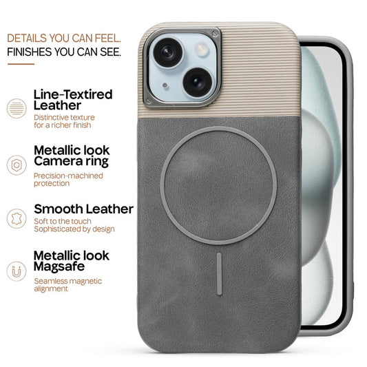 Premium Leather Wireless Charging Support Cover for Apple iPhone 15 with Metal Camera Frame & Soft Microfiber Interior