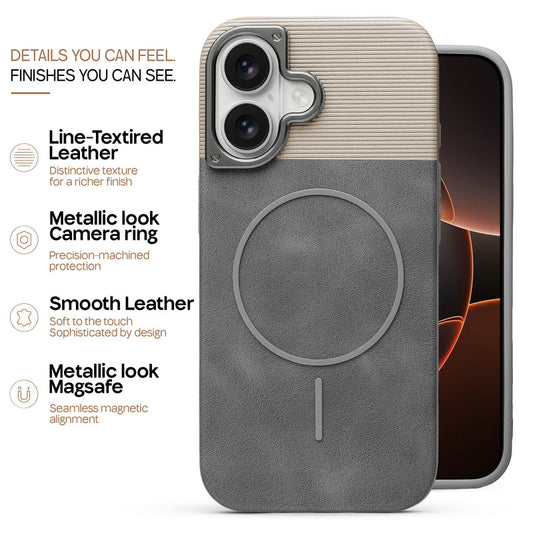 Premium Leather Wireless Charging Support Cover for Apple iPhone 16 with Metal Camera Frame & Soft Microfiber Interior