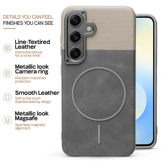 Premium Leather Wireless Charging Support Cover for Samsung S25 5G with Metal Camera Frame & Soft Microfiber Interior