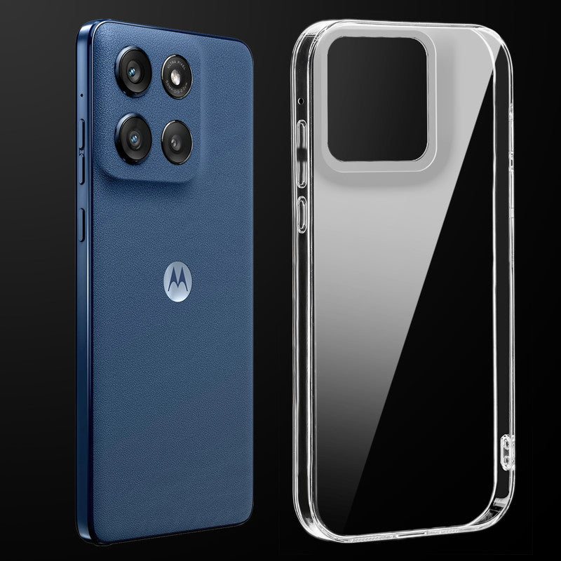 Transparent anti-yellow hard back case fitted on Motorola Moto Edge 60 Stylus 5G showing full back coverage and camera protection