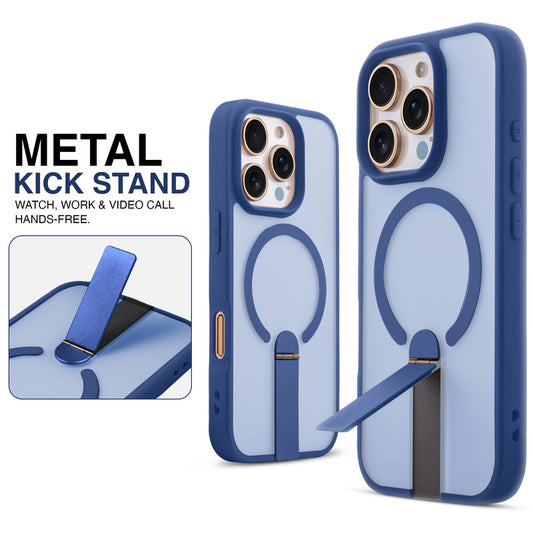 Magnetic Frosted Back Case for Apple iPhone 15 Pro with Metal Kickstand & Silicone Frame