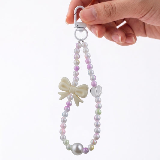 White Pearl & Bow Beaded Phone Charm Wrist Strap