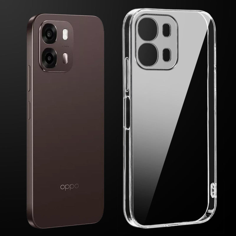 Transparent anti-yellow hard back case fitted on Oppo A6 Pro 5G showing full back coverage and camera protection