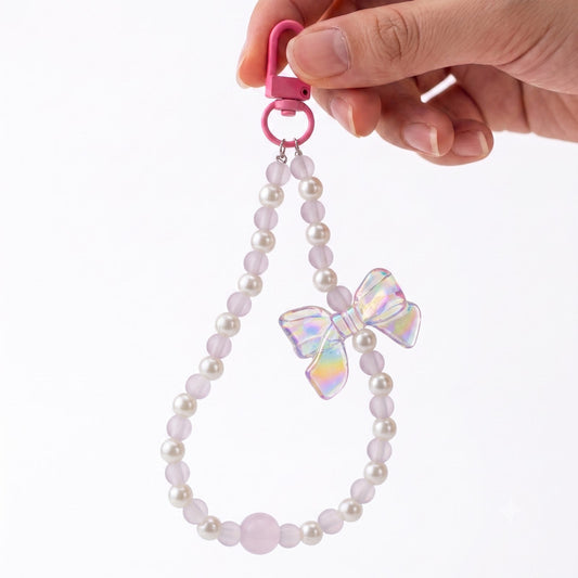 Rainbow Transparent Bow Beaded Phone Charm Strap with Pearl Wrist Lanyard